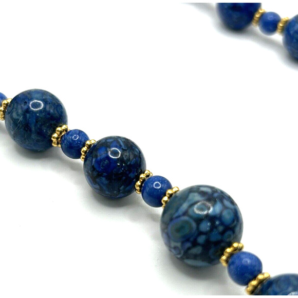 Vintage Art Deco Glass Balls Blue Gold Swirly Bead Necklace Hook Closure - Picture 3 of 8